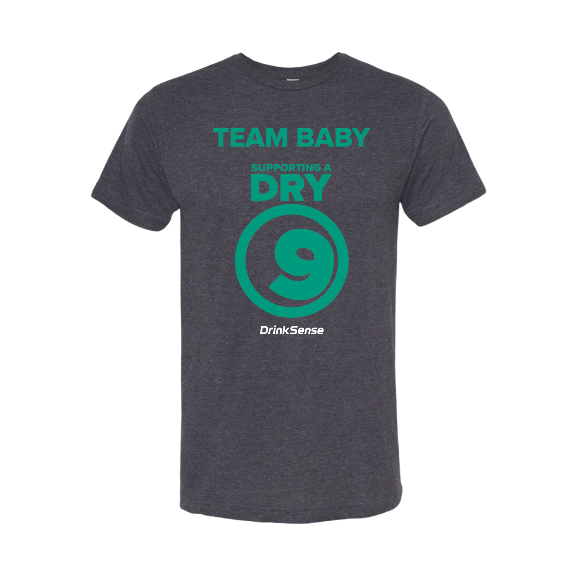 A dark grey t-shirt with the words 